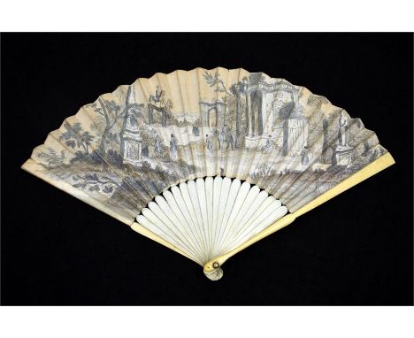 λ A printed and hand coloured early 18th century ivory fan, with plain ivory sticks and guards. The double paper leaf is hand