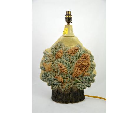 A Bernard Rooke owl lamp base,  decorated with owls in high relief. Height 39cm.