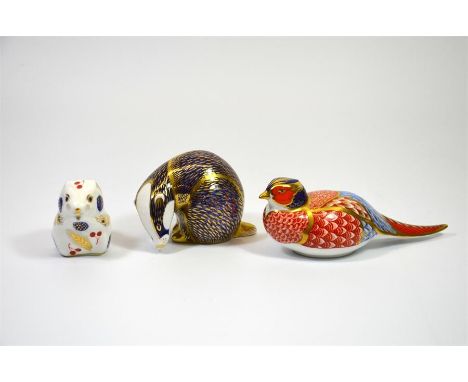 Three Royal Crown Derby paperweights, Badger, Pheasant and Harvest Mouse. All with gold stoppers and boxes. (3)