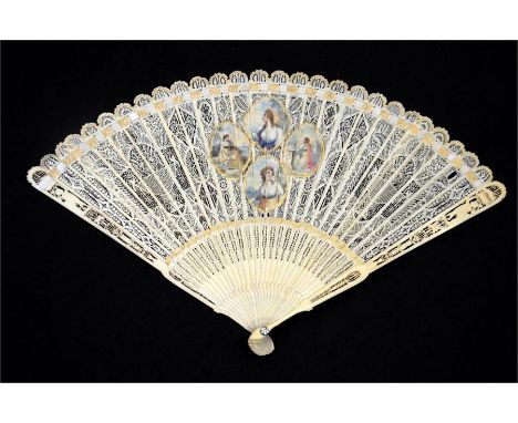 λ A fine large 18th century Regency brise fan, the ivory sticks finely painted with four female portrait medallions, each wit