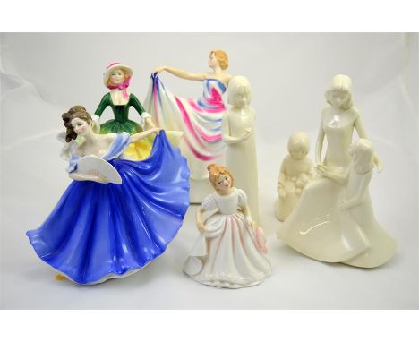 Four Royal Doulton figures, 'Liberty' HN3201, 'Becky' HN2740, 'Elaine' HN2791, 'Amanda HN2986, also two Royal Worcester figur