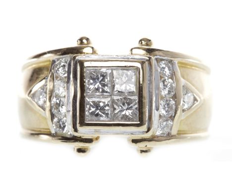 EIGHTEEN CARAT GOLD DIAMOND DRESS RINGwith a square bezel set with four princess cut diamonds, on channel set round brilliant