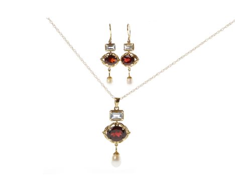 NINE CARAT GOLD PEARL, GARNET AND AQUAMARINE PENDANTwith a pear-shaped pearl suspended from an oval garnet 10mm long, within 