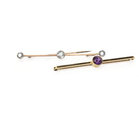 TWO EDWARDIAN BAR BROOCHEScomprising one set with a single round amethyst 7mm diameter within a millegrain collet setting, on