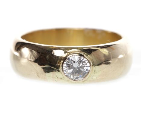 DIAMOND SET WEDDING BAND6.5mm wide, with a single collet set round brilliant cut diamond of approximately 0.25 carats, unmark