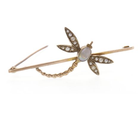 EDWARDIAN NINE CARAT GOLD DRAGONFLY MOTIF BROOCHwith a collet set opal to form the body of the dragonfly and with split seed 