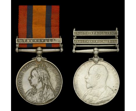 Queen’s South Africa 1899-1902, 1 clasp, Transvaal (1912 Corpl: H. Gregory. Kitchener’s F.S.); King’s South Africa 1901-02, 2