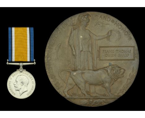 British War Medal 1914-20 (Lieut. W. Pearson.); Memorial Plaque (Frank Thomas Owen Sharp) small spot of verdigris to plaque, 
