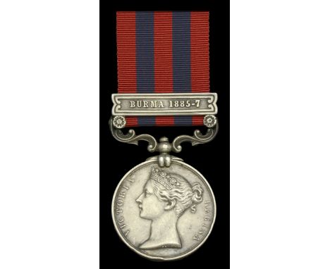 India General Service 1854-95, 1 clasp, Burma 1885-7 (574 Pte. J. Mc.Connachie 2d. Bn. R. Sc. Fus.) edge bruising, nearly ver