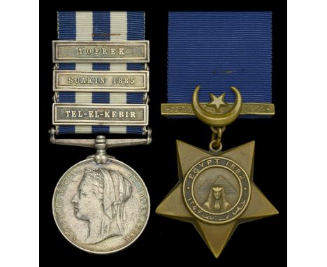 Pair: Sergeant T. Brown, Berkshire Regiment  Egypt and Sudan 1882-89, dated reverse, 3 clasps, Tel-El-Kebir, Suakin 1885, Tof