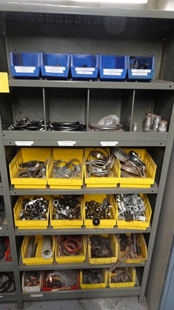 (2) SECTIONS SNAP SHELVING C/W ASSORTED PIPE FITTINGS & BINS