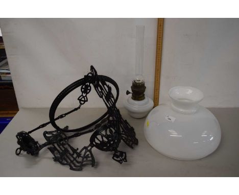 Metal framed hanging ceiling oil lamp with opaque glass shade