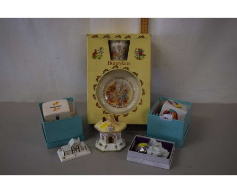 Mixed Lot: Boxed Royal Doulton bunnykins mug and plate, two Tiffany &amp; Co money boxes, Coalport model cottages and a furth