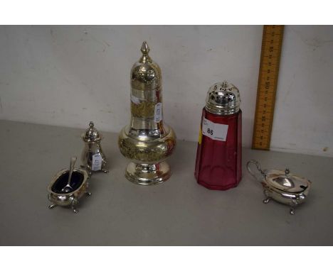 Mixed Lot: Cranberry glass sugar caster and silver plated cruet items
