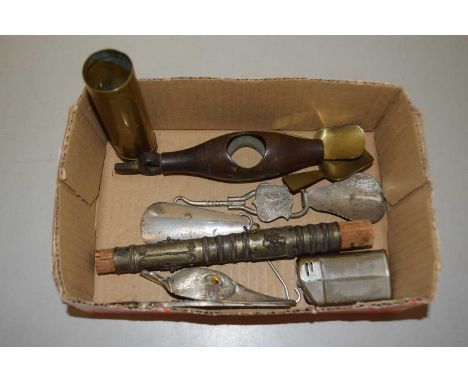 Box of ducks head letter clip, brass caddy spoons and other assorted items