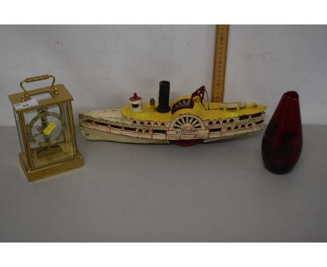 Model of a Mississippi steam ship together with a Royal Doulton flambe vase and a further battery operated mantel clock (3)