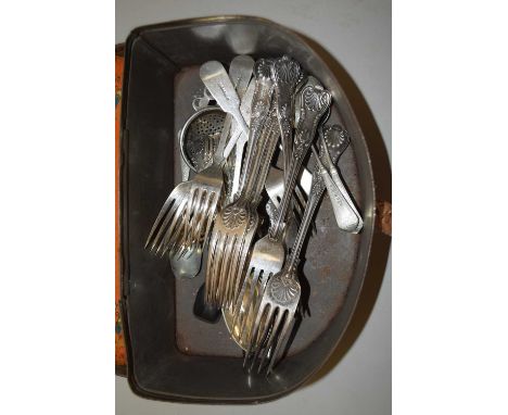 Vintage Bluebird tin containing assorted silver plated cutlery