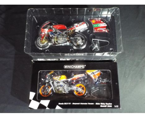 Diecast - Minichamps -  two 1:12 scale motorbikes, comprising Honda RC21 1 V Rider Nicky Hayden and Ducati Rider Troy Bayliss
