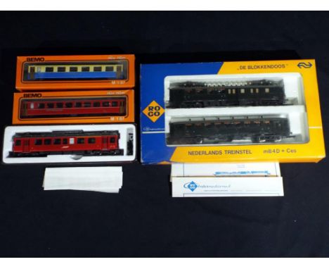 Model Railways - Ro Co and Bemo - a two-coach electric rail car, electric tram car ref.1065/2 and two coaches, all in HO scal