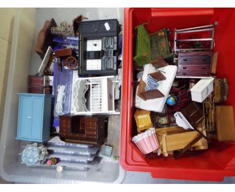 Dolls House Accessories - two boxes containing a good mixed lot of miniature doll's house furniture to include wardrobes, che