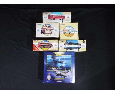 Diecast, Corgi - five Corgi diecast buses and a Corgi Aviation Archive 1:114 scale Avro Lancaster Dambusters Bomber, lot incl