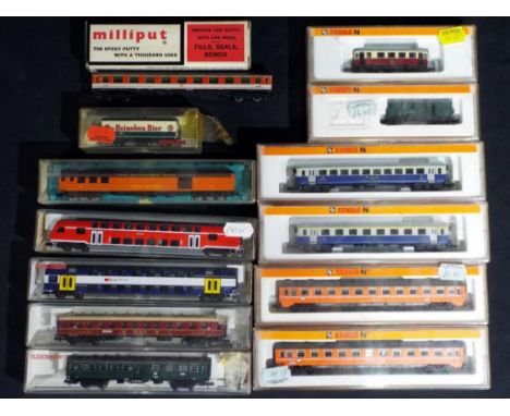 Model Railways - Fleischmann and Arnold - thirteen N gauge coaches and wagons predominantly boxed to include 3772 and 3773, 8