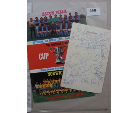 Aston Villa, 1975 Football League Cup Final Celebration Banquet Four page menu, Autographed/Hand Signed On The Back 'Autograp