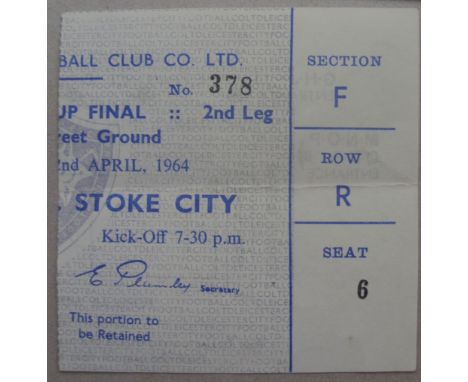 1964 Football League Cup Final, Leicester v Stoke City, a rare ticket from the game played on 02/04/1964, in good condition