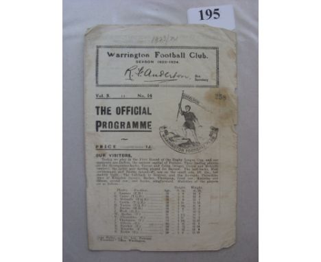 1923/24 Rugby League, Warrington v Dalton, a programme from the Cup game played on 16/02/1924, creased, frayed edges, slight 