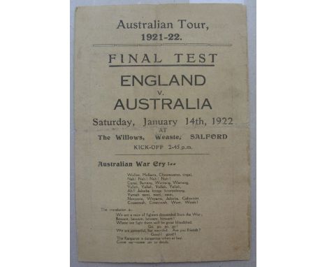 1921/22 Rugby League, England v Australia, a programme from the first test match played at Salford on 14/01/1922, slight fold