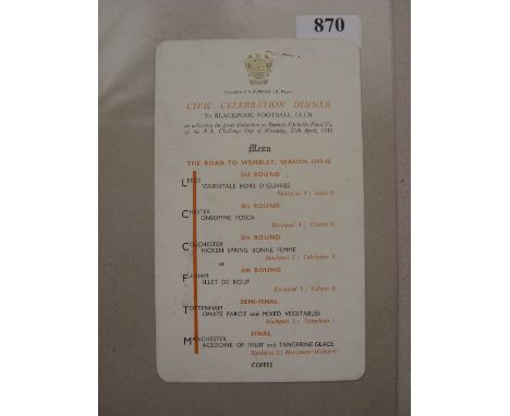 1948 FA Cup Final, Blackpool v Manchester Utd, a menu from the Civic Celebration Dinner given to Blackpool FC, by the Local C