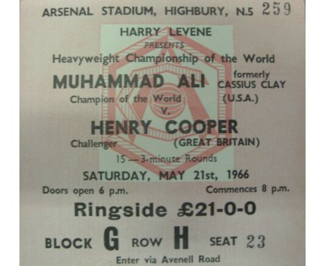 1966 Boxing, Muhammad Ali v Henry Cooper, a rare ringside ticket from the bout held at Arsenal on 21st May 1966 (original cos