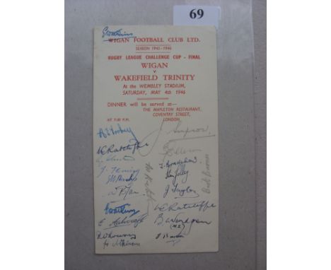 1946 Rugby League, the Challenge Cup Final, Wigan v Wakefield Trinity, a superb Wigan notification of dinner to be held at th