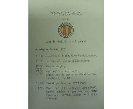 Sparta Rotterdam Tour Of England 1957, An Itinerary for the tour which featured games v West Ham United 14/10/1957 & Southend