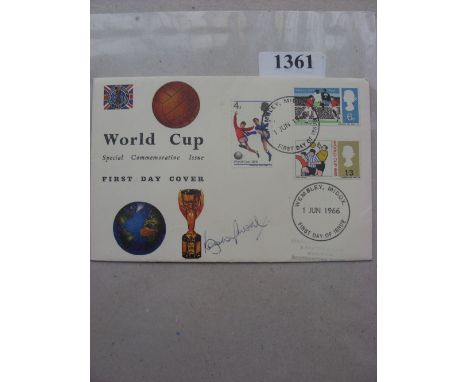 1966 World Cup, an autographed first day cover, franked on 01/06/1966, with all three stamps, the cover is signed by Bobby Mo