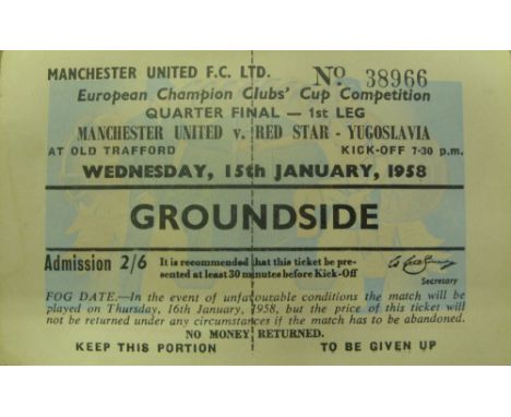1957/58 Manchester Utd v Red Star Belgrade, an unused complete ticket from the European Cup game played on 14th January 1958 