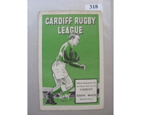1951/52 Rugby League, Cardiff v South Wales, a programme for the first match between newly formed clubs, on 11/08/1951, creas