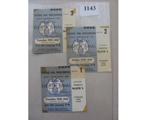 1966 World Cup, Middlesbrough, a collection of 3 tickets for games played at Ayresome Park on 12/07/1966, 15/07/1966 and 19/0