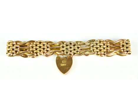 A 9ct Gold Gate Bracelet, 20th Century, with padlock clasp, 180mm overall, gross weight 14.5g