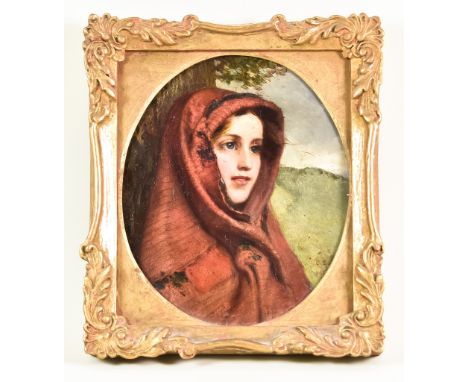 Manner of Charles Sillem Lidderdale (1830-1895) - Oil painting - Shoulder-length portrait of a young girl wearing red shawl, 
