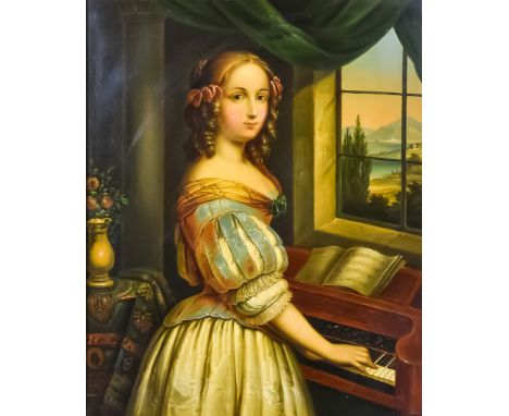 Manner of Caspar Netscher (1635-1684) - Oil painting - "La Pianiste", half length portrait of a young female beauty playing t