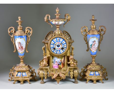 A Late 19th Century French Gilt Metal and Porcelain Mounted Three-Piece Clock Garniture, the clock, No.1588, with 3ins diamet