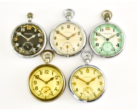 Five Military Pocket Watches, comprising - one black face Jaeger-LeCoultre, one white face Jaeger-LeCoultre, two Leonidas wat