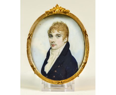 Early 19th Century School - Half-length miniature portrait of a gentleman wearing blue coat, 3ins x 2,25ins, in modern gilt f
