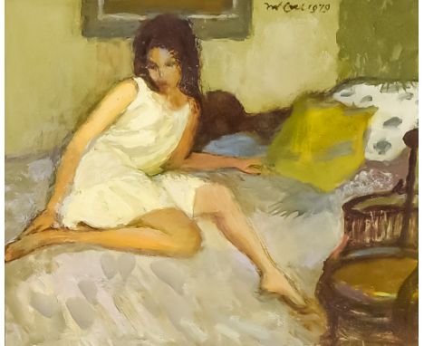 ***Charles James McCall (1907-1989) - Oil painting - Full length portrait of young female reclining on a bed, signed and date
