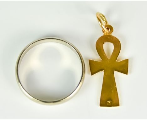 A Mixed Lot of Gold, comprising - 18ct white gold wedding band, size R, gross weight 4g, 22ct gold ankh pendant, 27mm x 13mm,