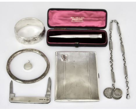 A George VI Silver Rectangular Cigarette Case and Mixed Silverware, the cigarette case by John Henry Wynn, Birmingham 1937, w