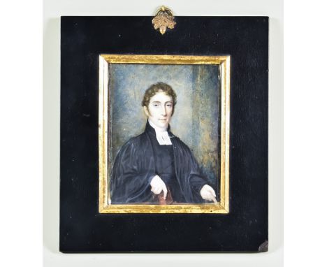 19th Century English School - Half-length miniature portrait painting of a cleric or scholar, 4.5ins x 3.5ins, in ebonised fr