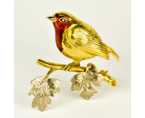 An 18ct Gold and Enamel Custom Made Brooch, in the form of a robin on a branch, 45mm x 45mm, gross weight 13.6g