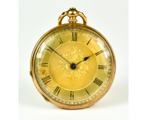 An 18ct Gold Continental Fob Watch, Early 20th Century, lever movement, engine turned case, 38mm diameter, gold coloured dial